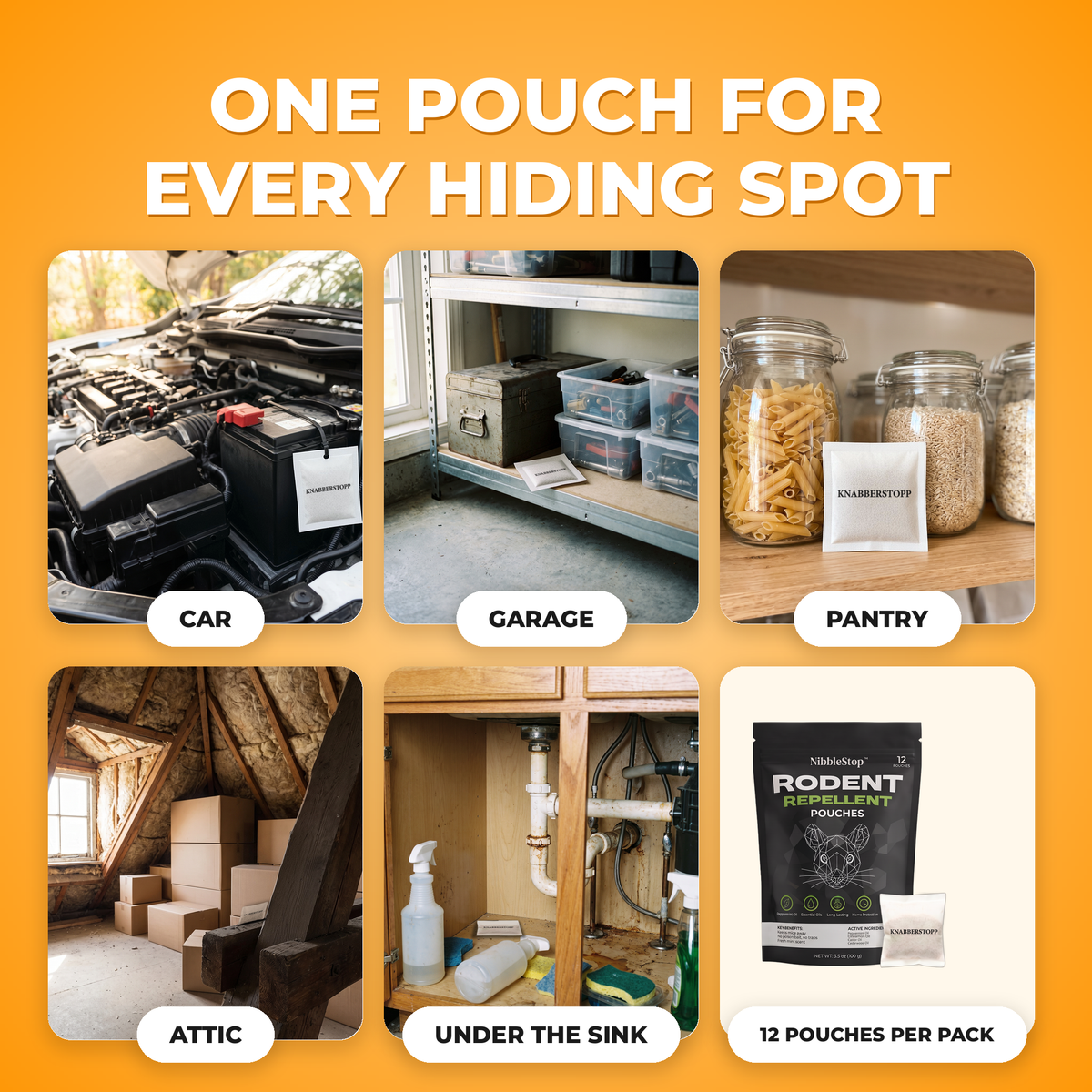 Where to place NibbleStop™ pouches: car, garage, pantry, attic, under the sink