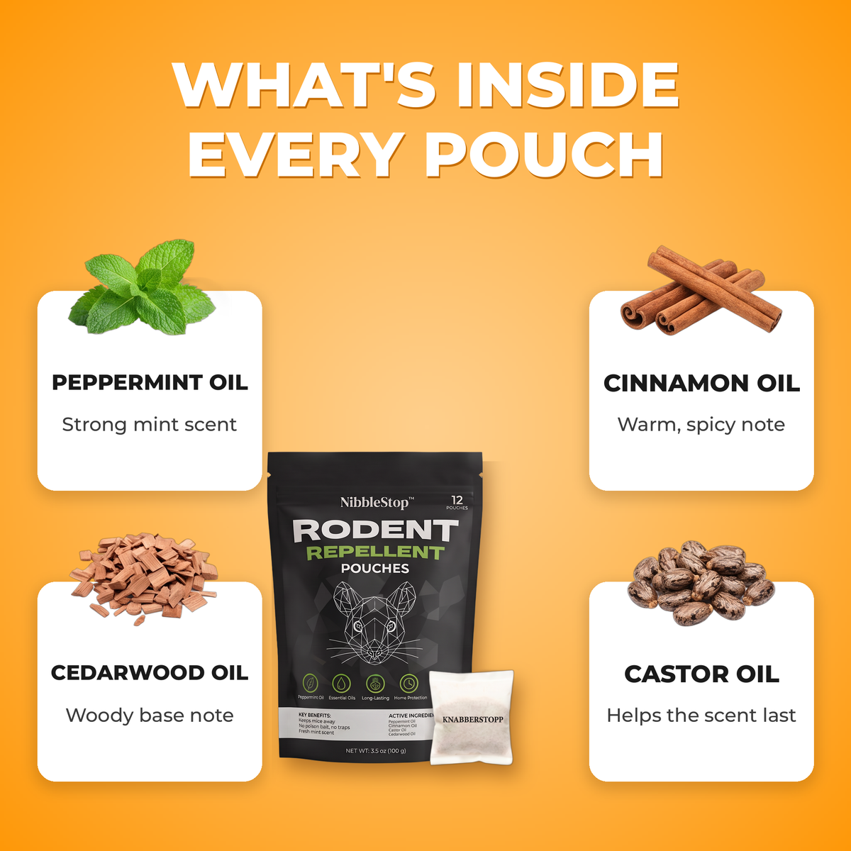 Ingredients in every NibbleStop™ pouch: peppermint, cinnamon, cedarwood and castor oil