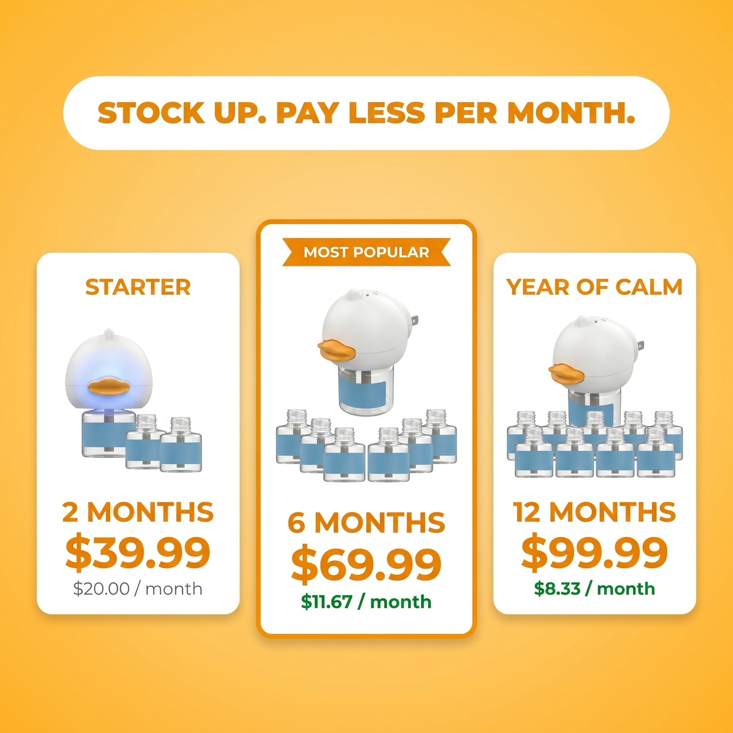 Stock up and pay less per month: Starter 2 months $39.99, Most Popular 6 months $69.99, Year of Calm 12 months $99.99