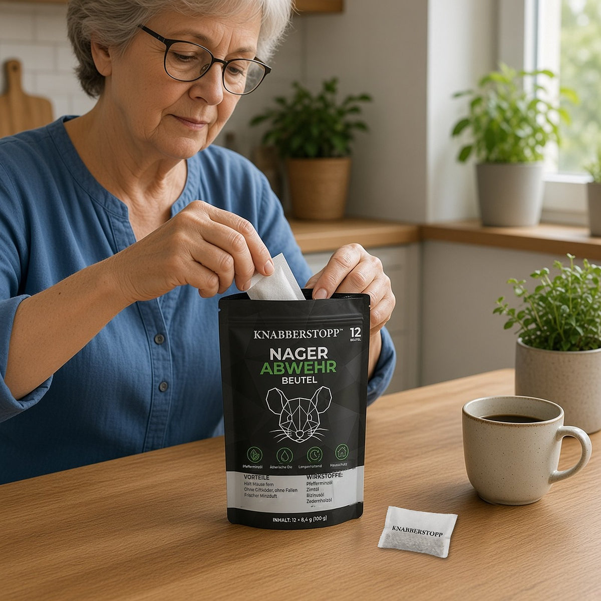 Woman taking a scent pouch out of the pack at the kitchen table