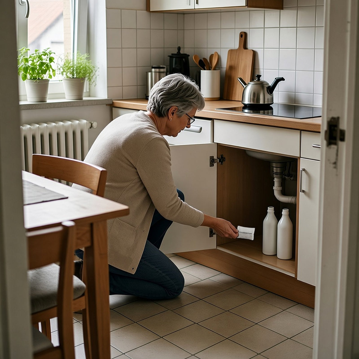 Woman placing a scent pouch in the cabinet under the sink
