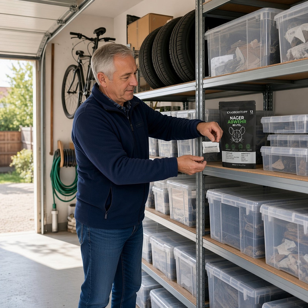 Man placing a scent pouch on a garage shelf