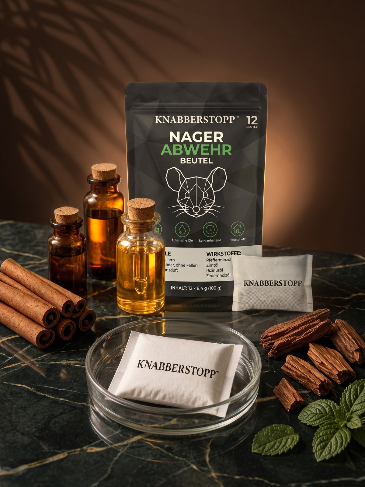 Pack of scent pouches with cinnamon, peppermint, cedarwood and essential oils