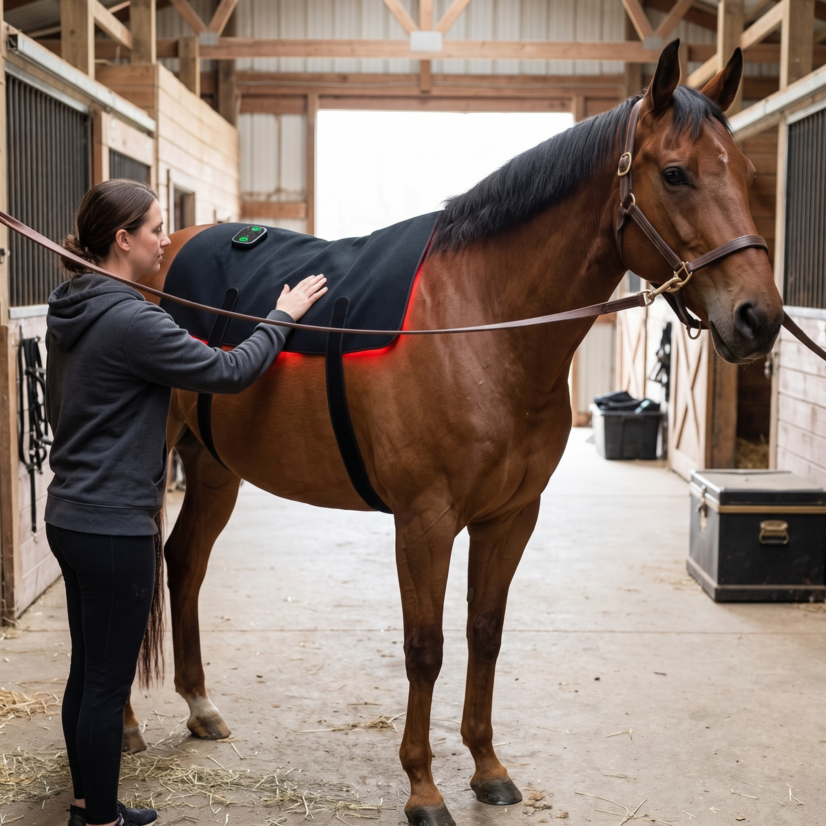 Bay horse in cross-ties wearing the RedHoof red light back pad, owner standing beside it