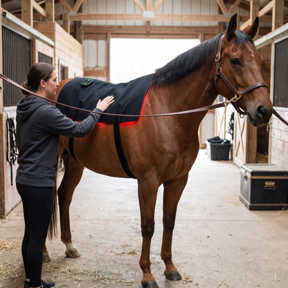 Bay horse in cross-ties wearing the RedHoof red light back pad, owner standing beside it