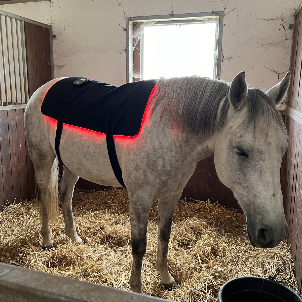 Gray horse dozing in a straw stall wearing the RedHoof back pad