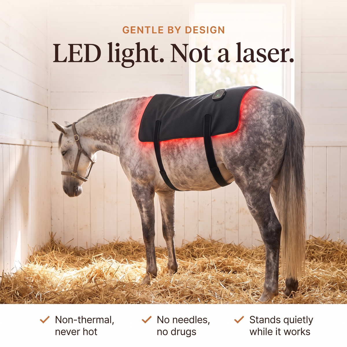 Dappled gray horse in a stall wearing the RedHoof back pad, LED light not a laser, non-thermal, no needles, stands quietly