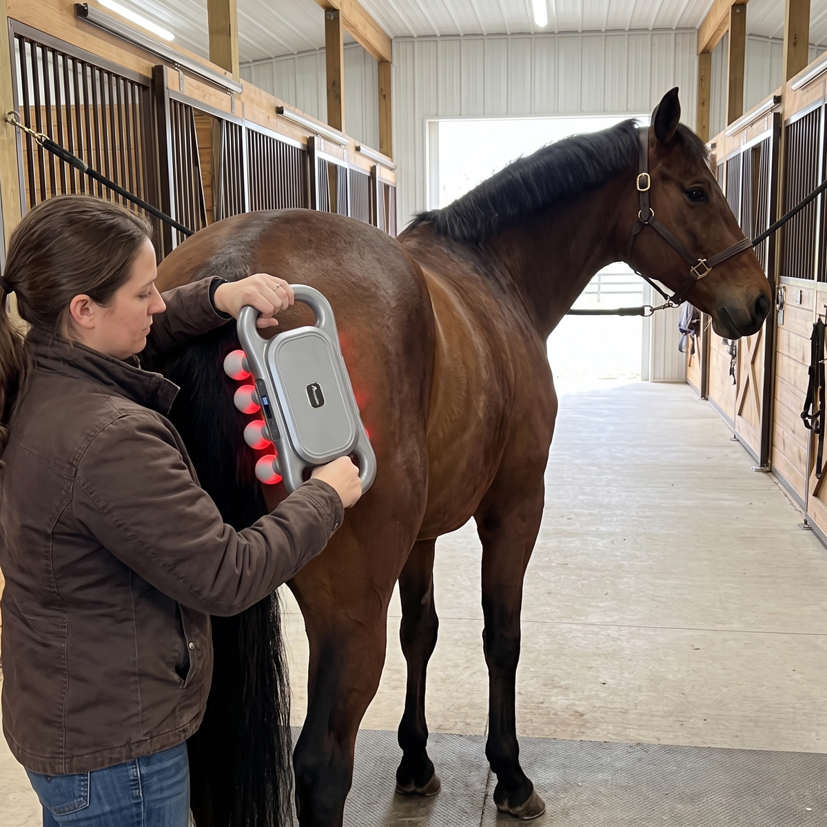 Woman massaging the hindquarters of a bay horse with the RedHoof 8-head massage gun in a barn aisle