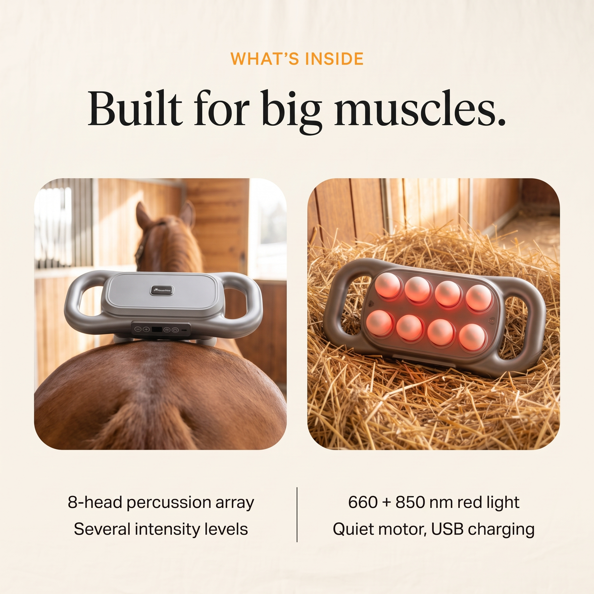 RedHoof massage gun from above and turned over showing the eight red light heads, 8-head array, intensity levels, quiet motor, USB charging