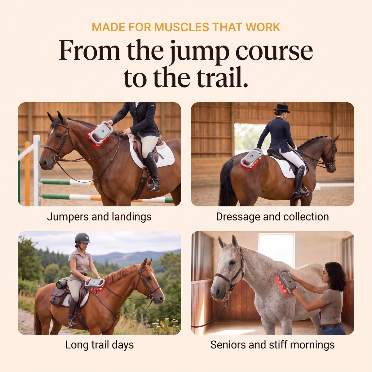 Four riders using the RedHoof massage gun: jumping, dressage, trail and a senior horse in a stall