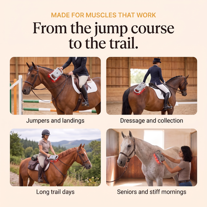 Four riders using the RedHoof massage gun: jumping, dressage, trail and a senior horse in a stall