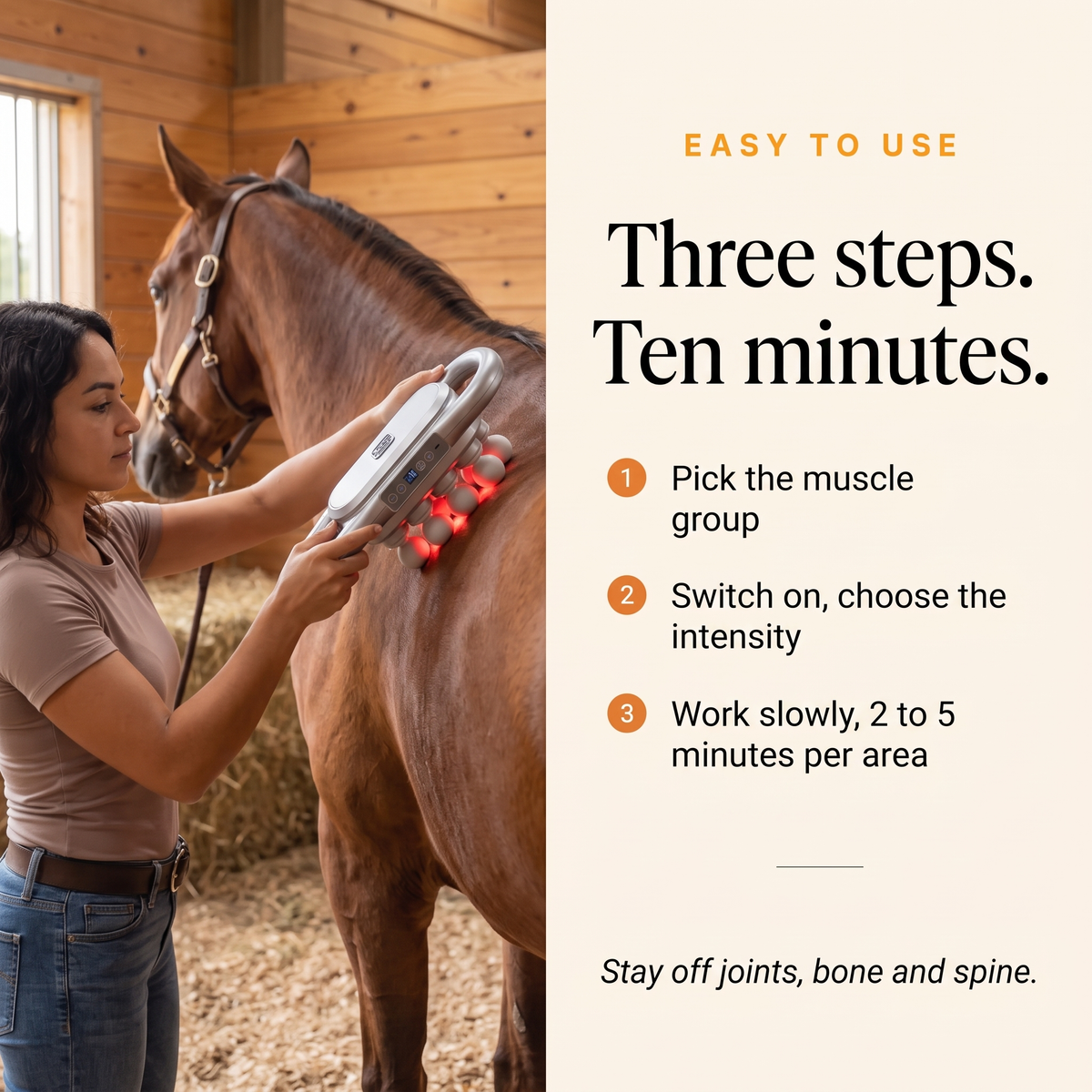 Three steps to use the RedHoof massage gun: pick the muscle group, choose the intensity, work slowly 2 to 5 minutes per area