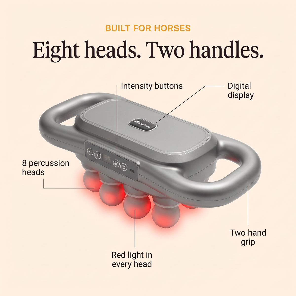 RedHoof 8-head massage gun callouts: 8 percussion heads, two-hand grip, digital display, intensity buttons, red light in every head