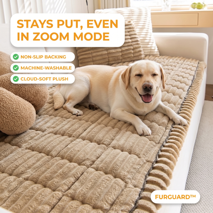 Yellow Labrador relaxing on the khaki FurGuard non-slip couch cover: stays put even in zoom mode, non-slip backing, machine-washable, cloud-soft plush