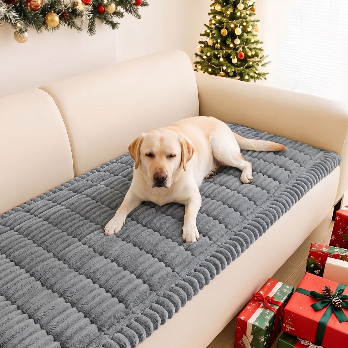 Labrador lying on the gray FurGuard plush couch cover