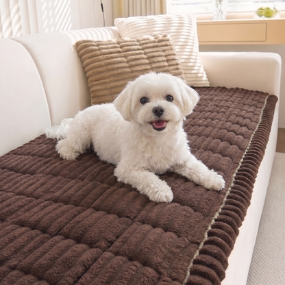 White Maltese on the brown FurGuard plush couch cover