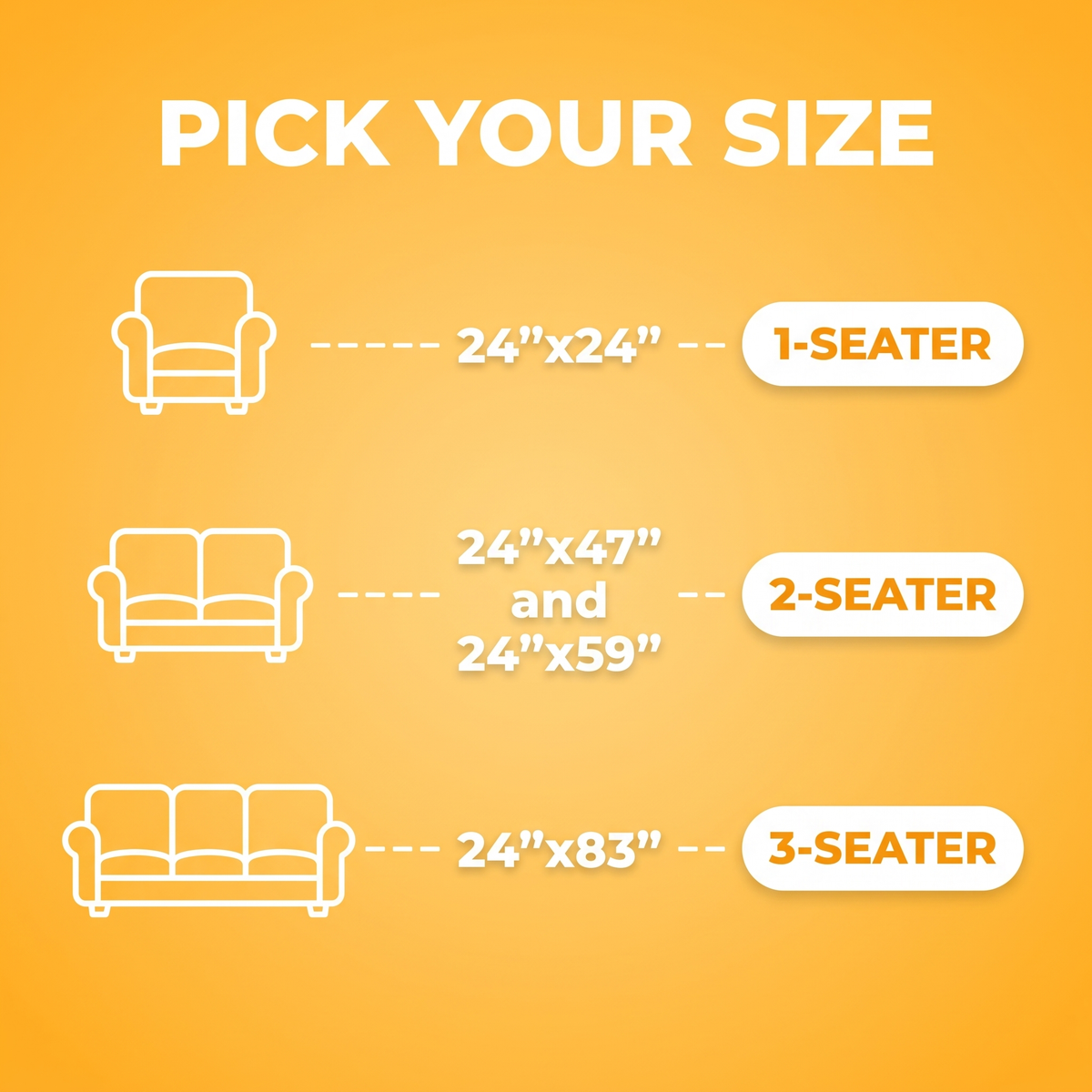 FurGuard size guide: 24x24 inches for 1 seat, 24x47 and 24x59 inches for 2 seats, 24x83 inches for 3 seats