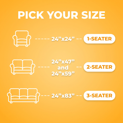 FurGuard size guide: 24x24 inches for 1 seat, 24x47 and 24x59 inches for 2 seats, 24x83 inches for 3 seats