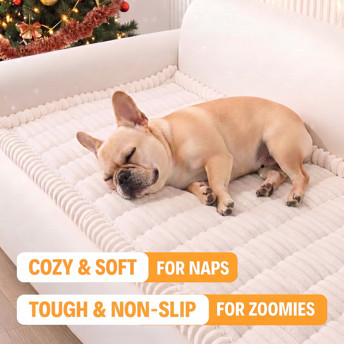 French bulldog asleep on the white FurGuard cover: cozy and soft for naps, tough and non-slip for zoomies