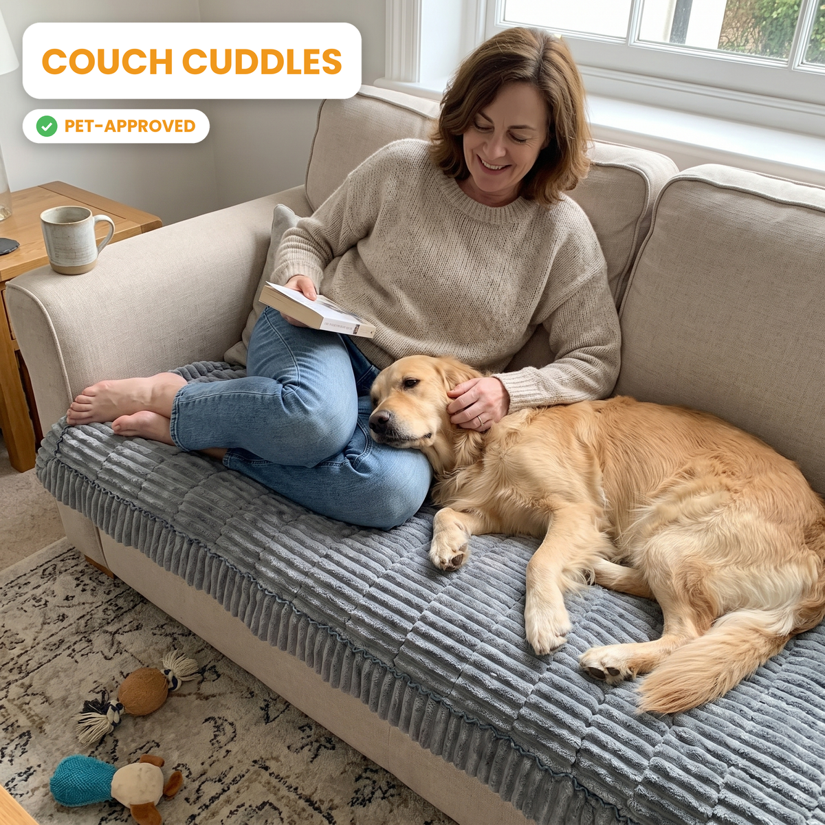 Woman reading on the couch with her golden retriever resting its head on her lap, both on the gray FurGuard couch cover. Couch cuddles, pet-approved