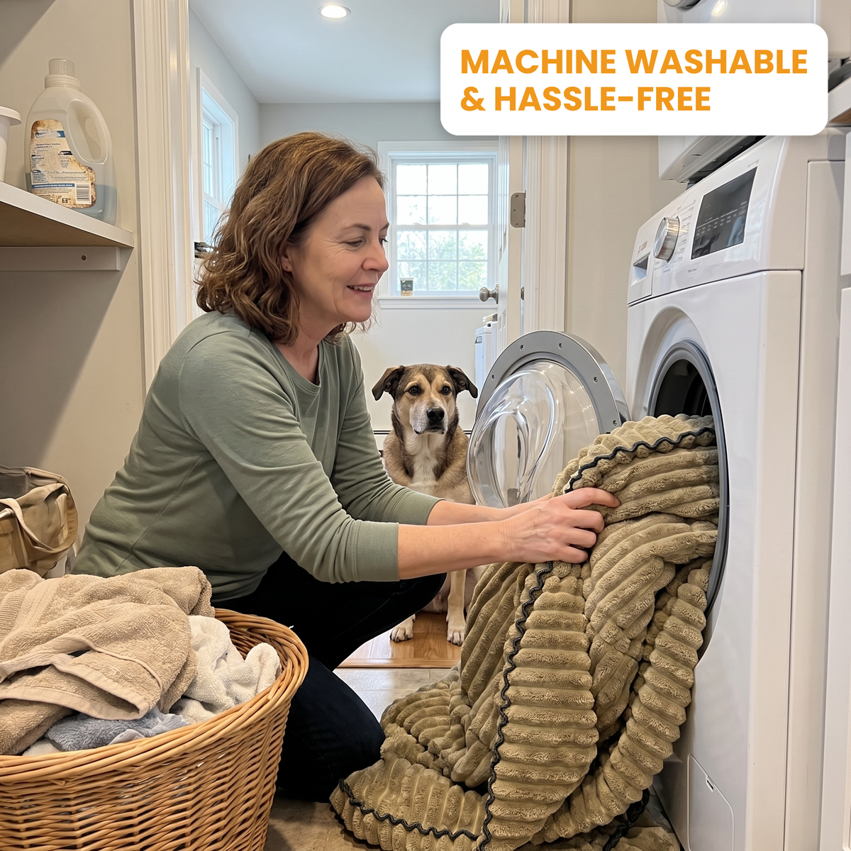 Woman loading the khaki FurGuard couch cover into a front-loading washing machine while her dog watches. Machine washable and hassle-free