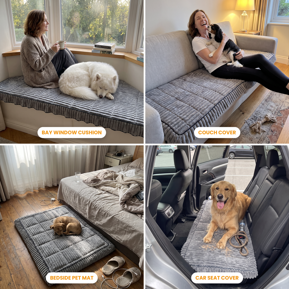 FurGuard uses: bay window cushion with a samoyed, couch cover with a cavalier spaniel, bedside pet mat with a puppy, car seat cover with a golden retriever