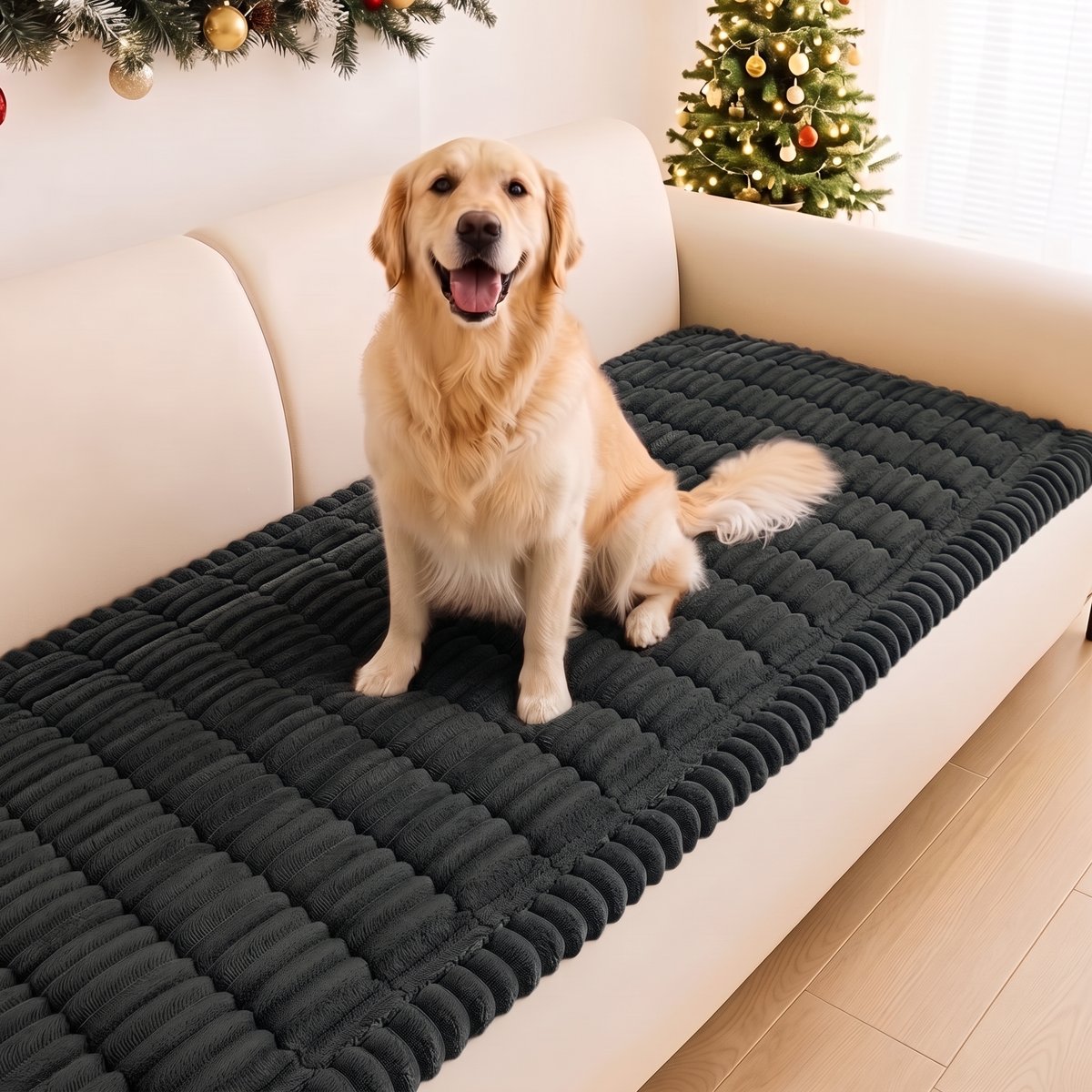 Golden retriever sitting on the charcoal FurGuard plush couch cover
