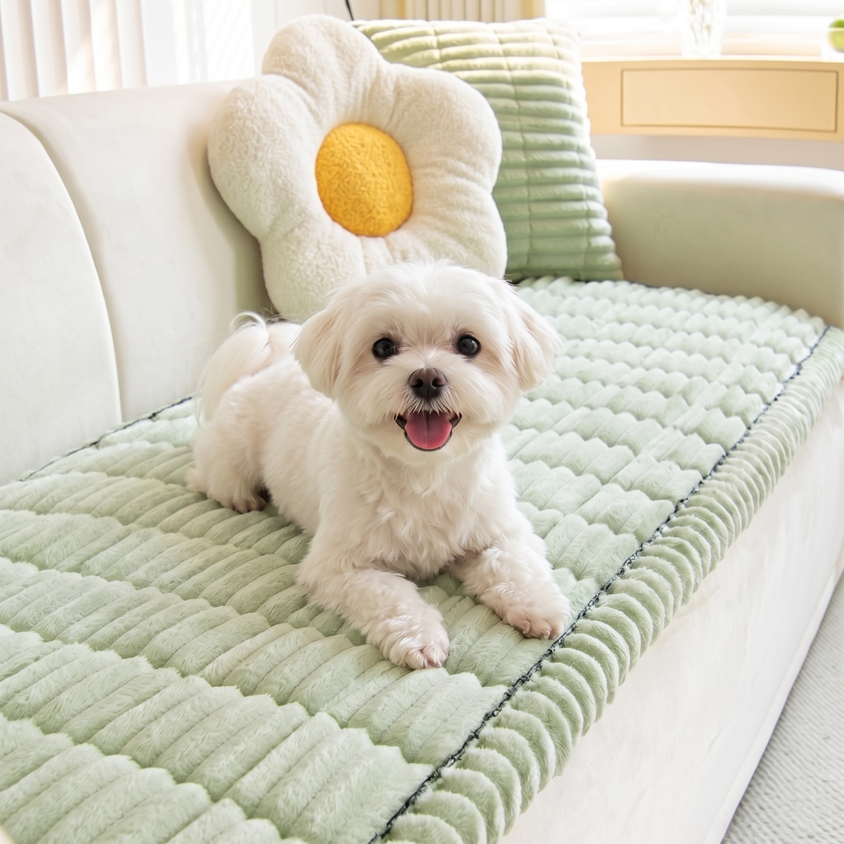 White Maltese on the mint FurGuard plush couch cover