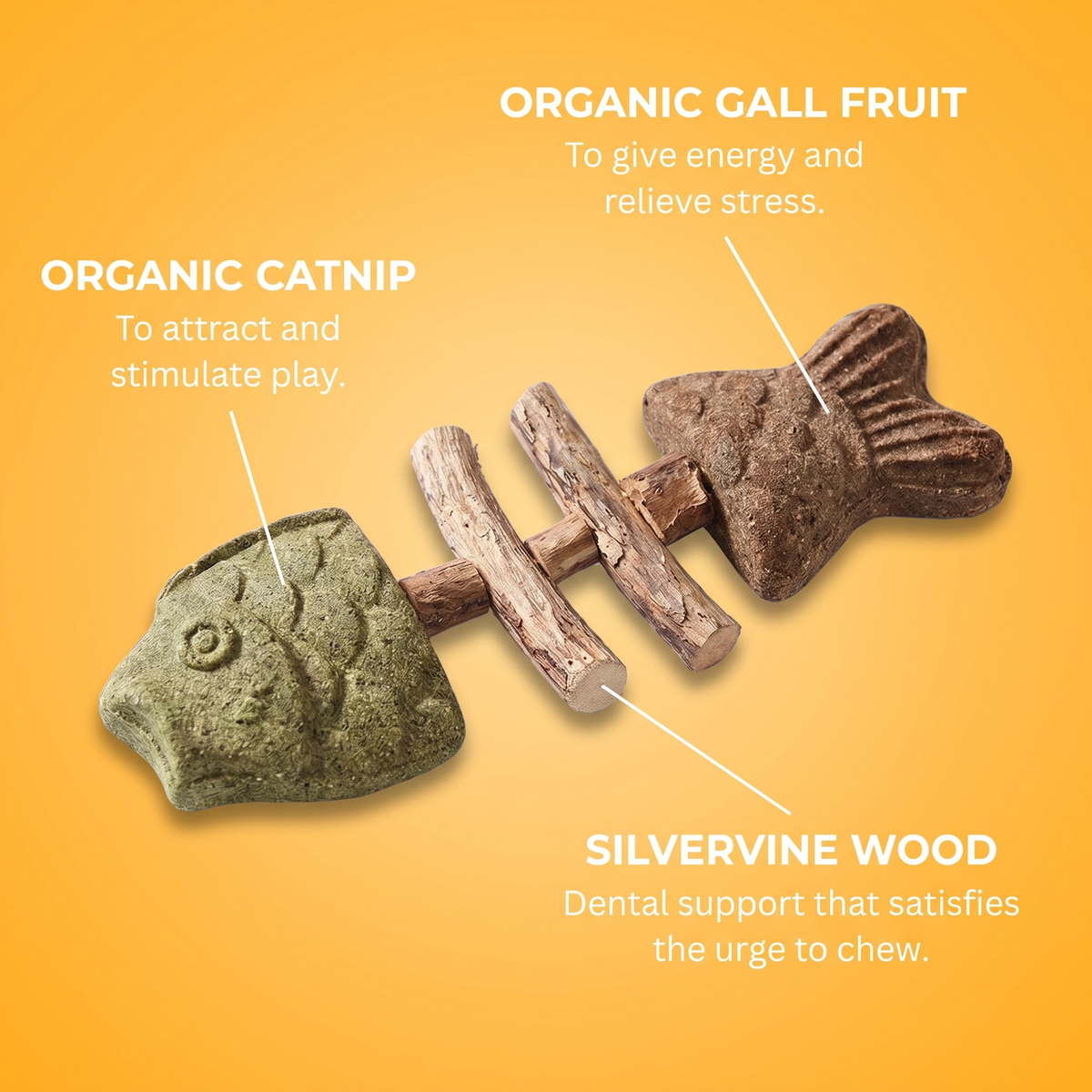 PurrStick ingredients: organic catnip to attract and stimulate play, organic gall fruit, silvervine wood for dental support