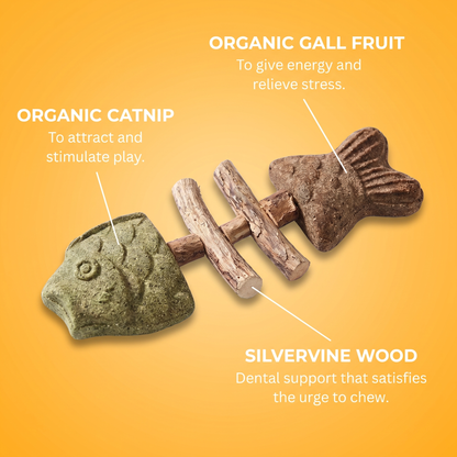PurrStick ingredients: organic catnip to attract and stimulate play, organic gall fruit, silvervine wood for dental support