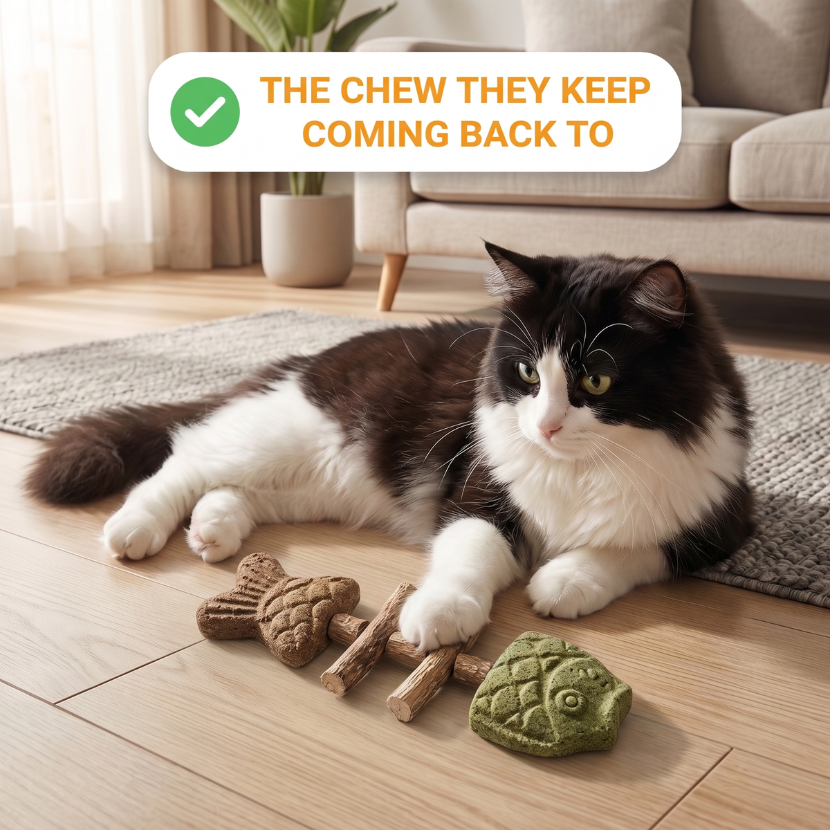 Black and white cat lying on a rug with a paw on the PurrStick chew, the chew they keep coming back to