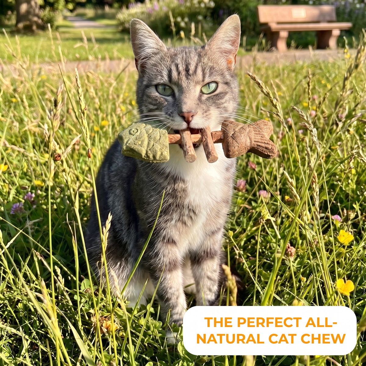 Tabby cat in a meadow carrying the PurrStick, the perfect all-natural cat chew