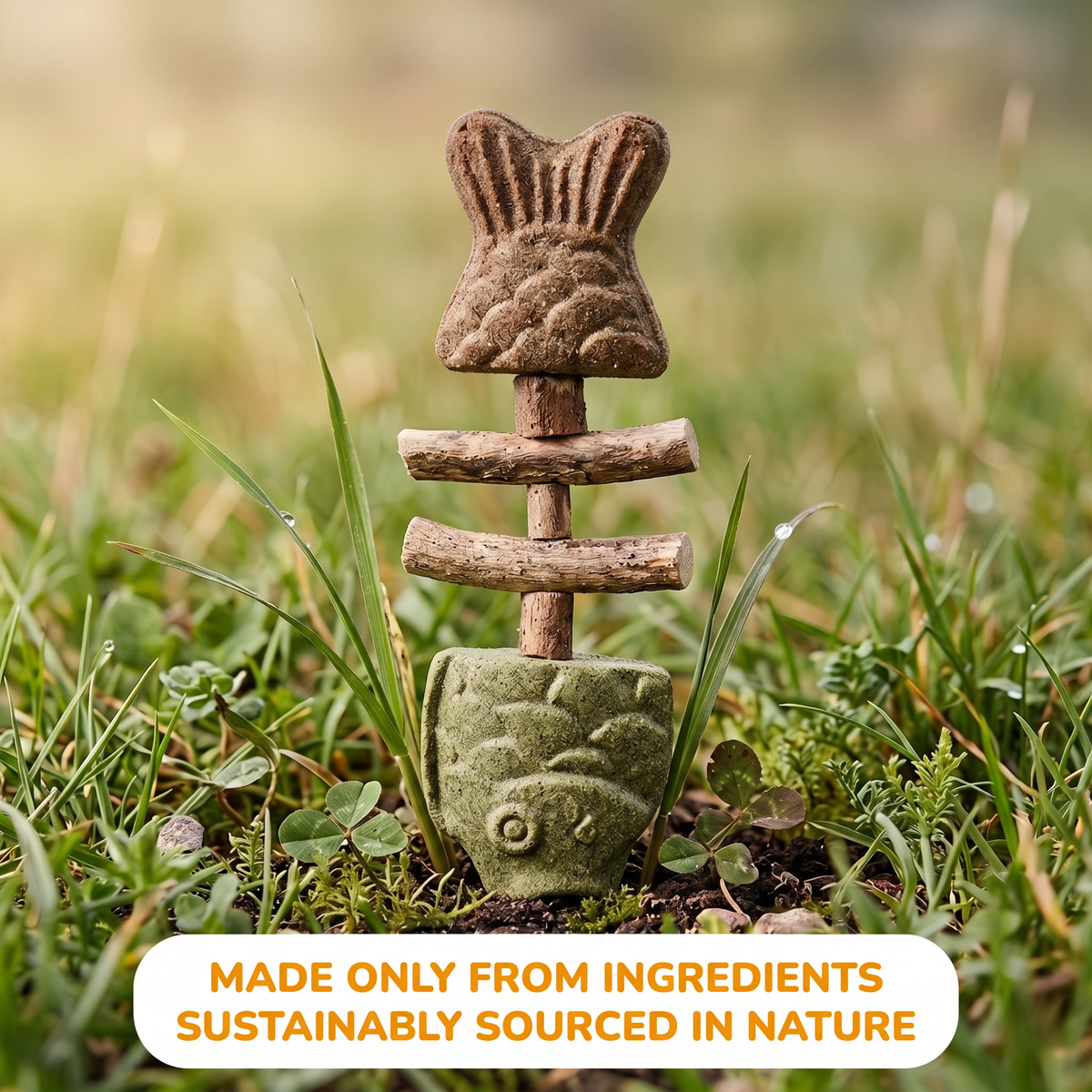 PurrStick standing in the grass, made only from ingredients sustainably sourced in nature