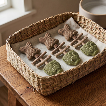 Several PurrStick chews in a woven basket