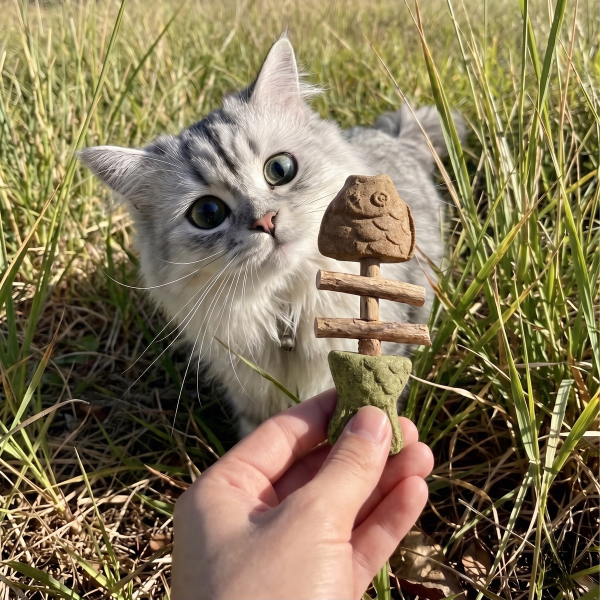 Hand offering the PurrStick chew to a curious silver tabby cat