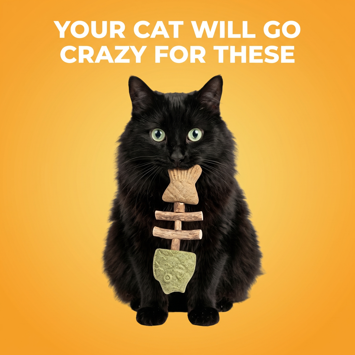 Black cat with the PurrStick chew, your cat will go crazy for these