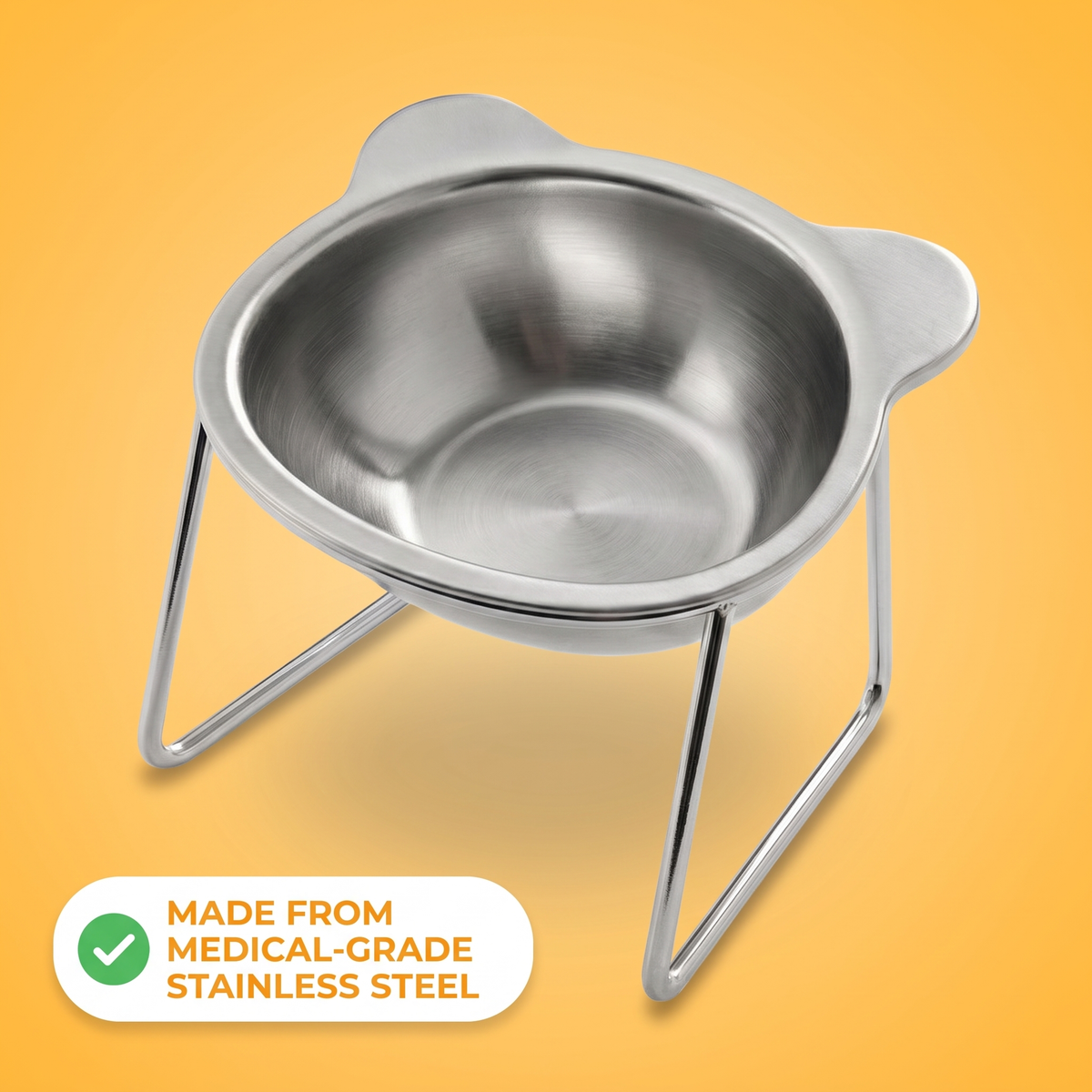 TiltBowl raised feeding bowl on its stand, made from medical-grade stainless steel