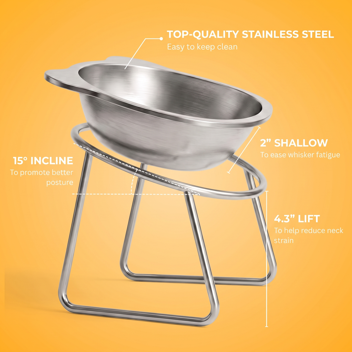 TiltBowl specs: 15 degree incline for better posture, 2 inch shallow bowl to ease whisker fatigue, 4.3 inch lift to help reduce neck strain, top-quality stainless steel