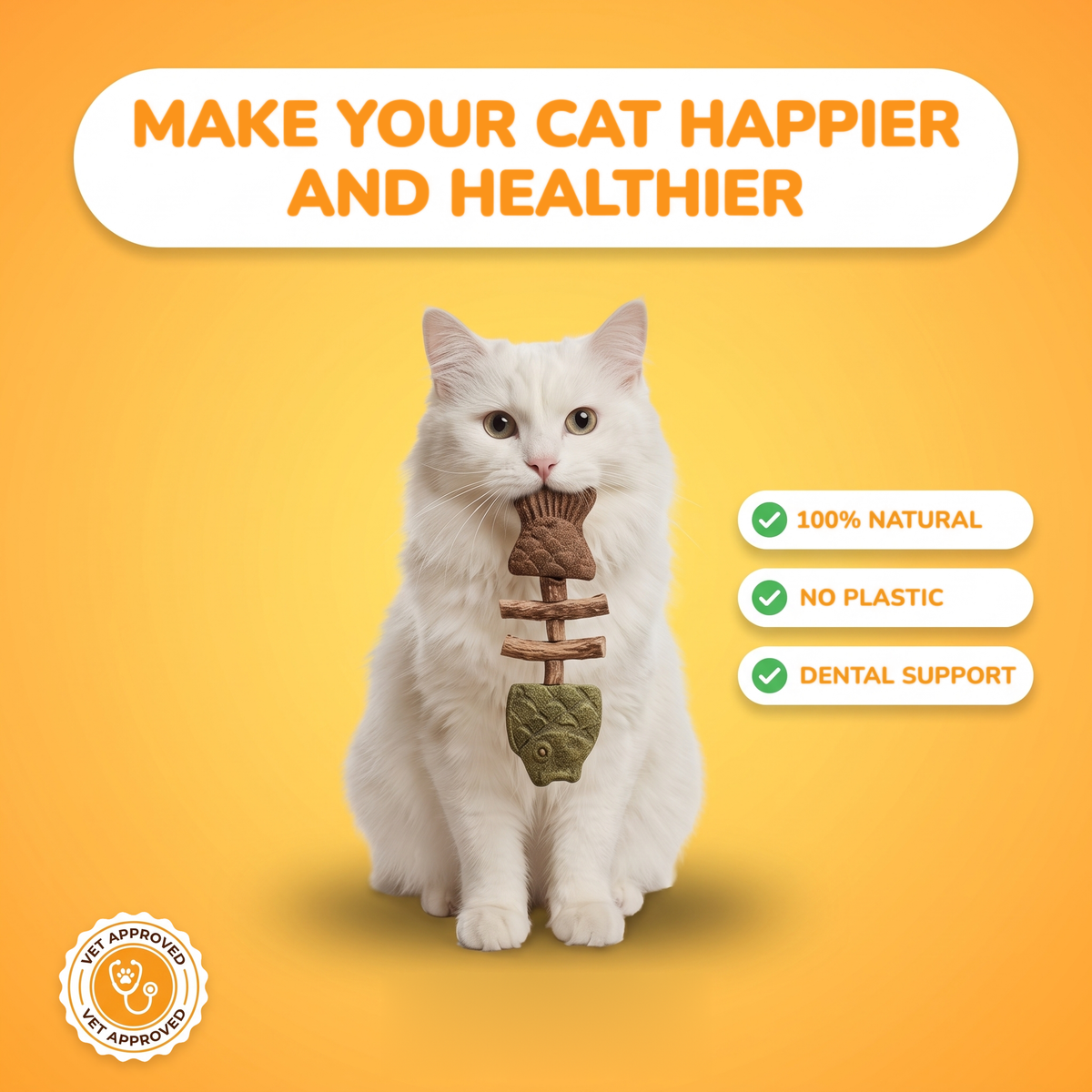 White cat holding the PurrStick silvervine chew in its mouth: 100% natural, no plastic, dental support, vet approved