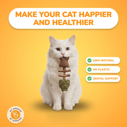 White cat holding the PurrStick silvervine chew in its mouth: 100% natural, no plastic, dental support, vet approved