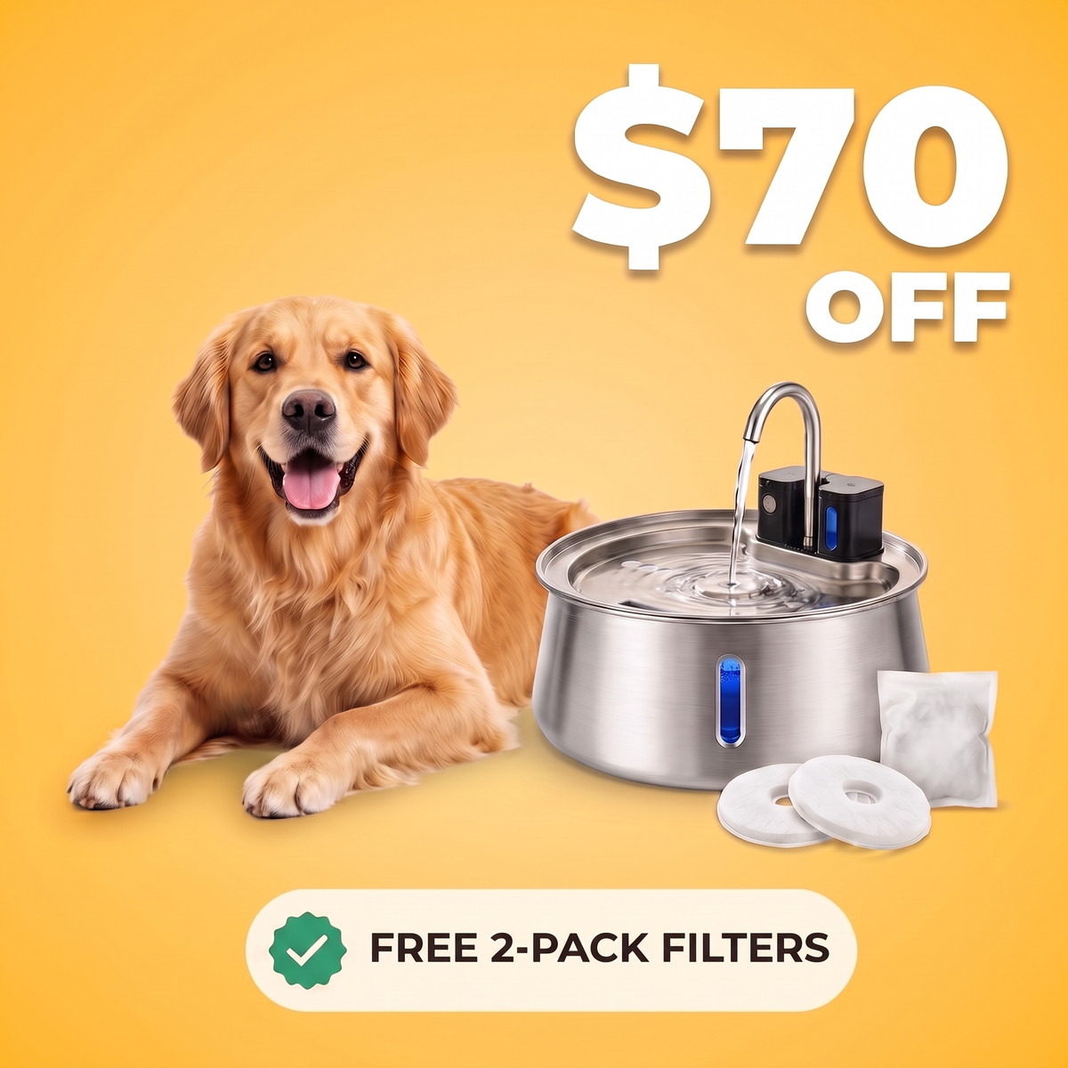 FlowBowl wireless stainless steel dog water fountain next to a happy Golden Retriever, $70 off, free 2-pack filters