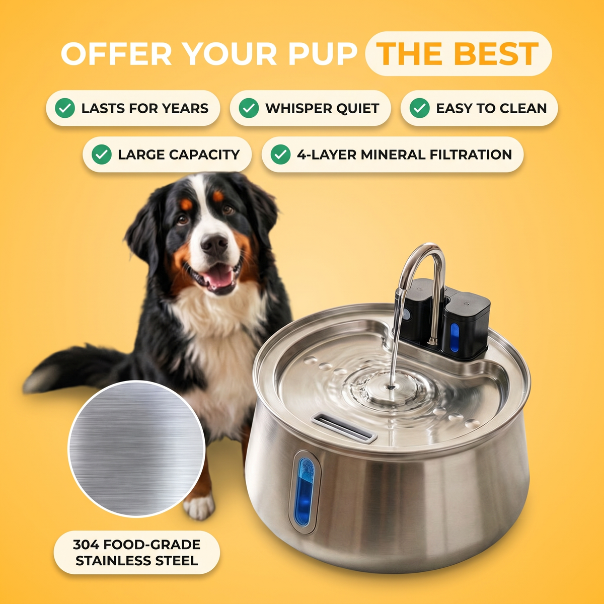 FlowBowl wireless with a Bernese Mountain Dog: lasts for years, whisper quiet, easy to clean, large capacity, 4-layer mineral filtration