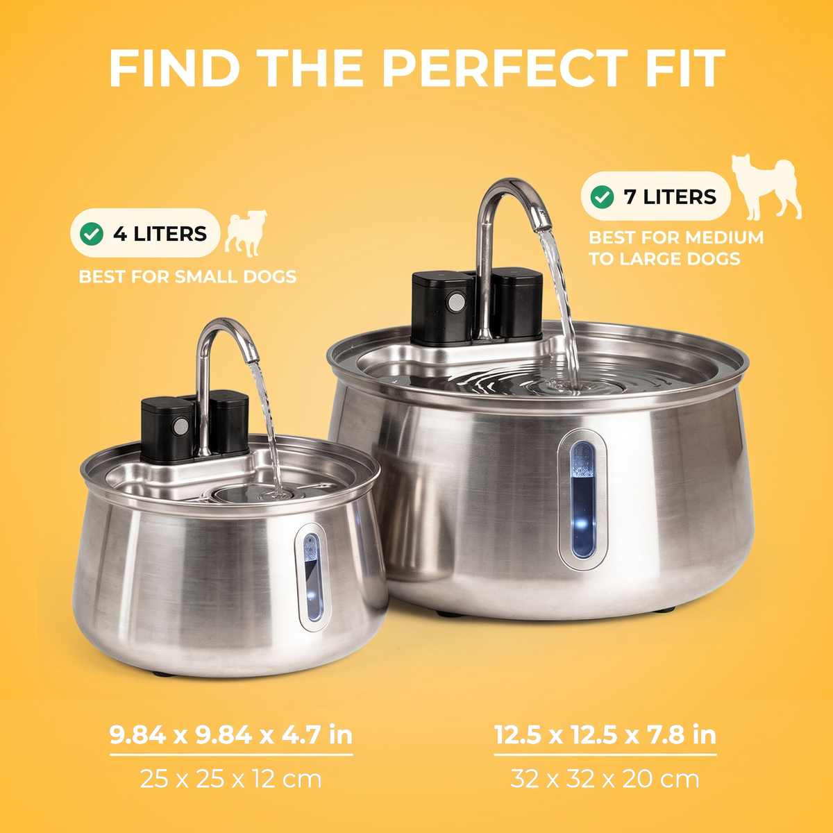 FlowBowl wireless sizes: 4 liters for small dogs (9.84 x 9.84 x 4.7 in), 7 liters for medium to large dogs (12.5 x 12.5 x 7.8 in)