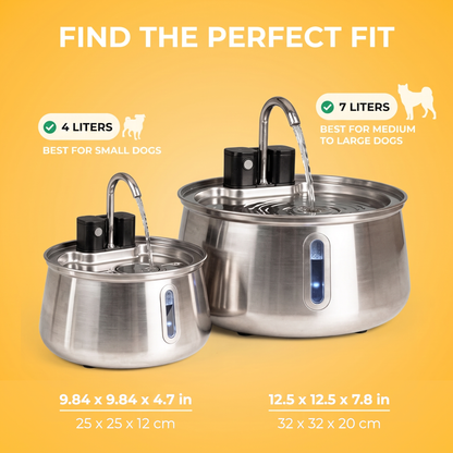 FlowBowl wireless sizes: 4 liters for small dogs (9.84 x 9.84 x 4.7 in), 7 liters for medium to large dogs (12.5 x 12.5 x 7.8 in)