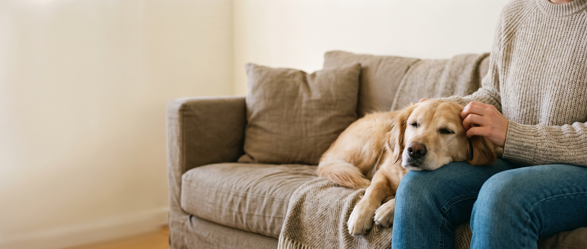 Golden retriever resting its head on its owner's lap on the sofa