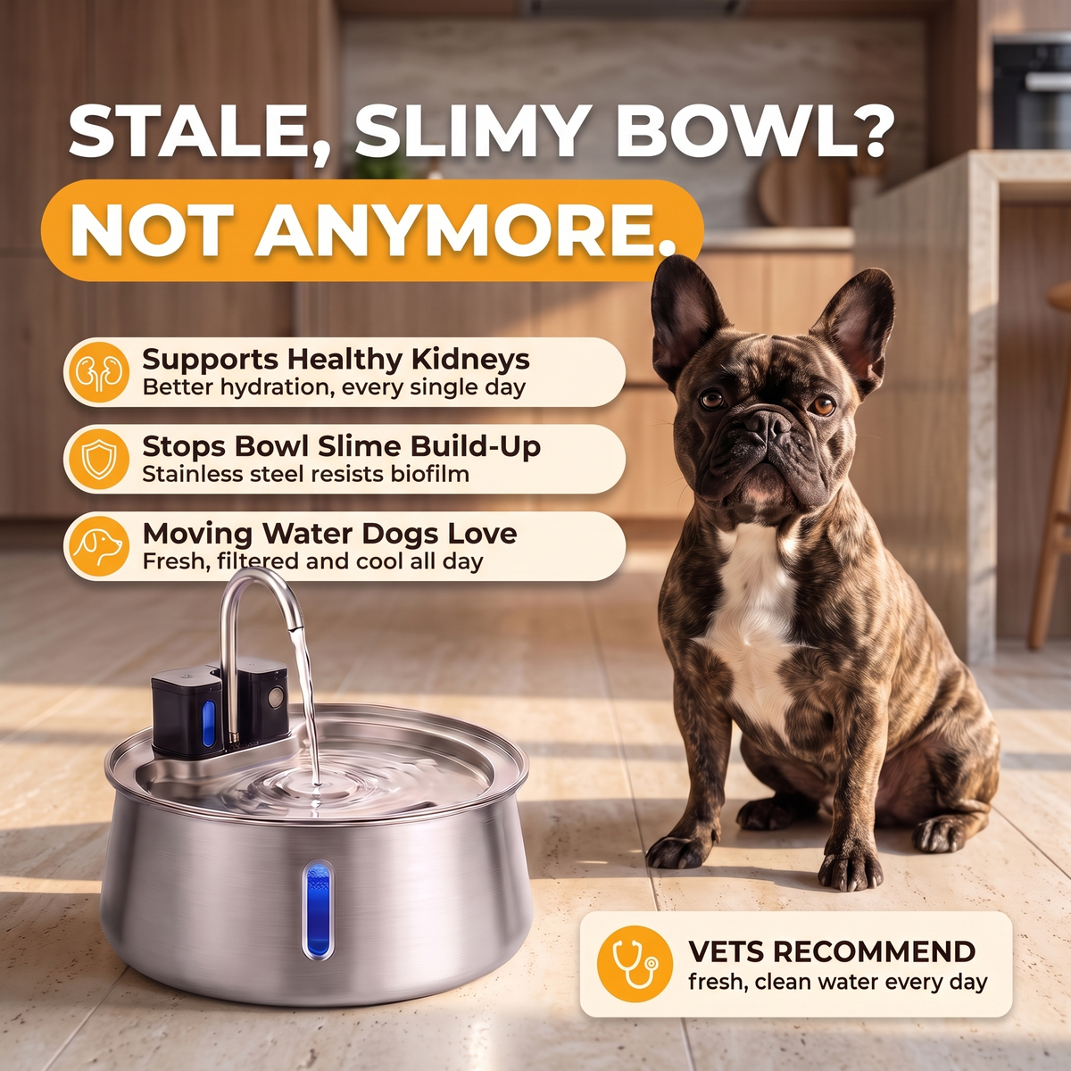 Stale, slimy bowl? Not anymore. FlowBowl wireless stainless steel dog water fountain next to a French Bulldog: supports healthy kidneys, stops bowl slime build-up, moving water dogs love. Vets recommend fresh, clean water every day
