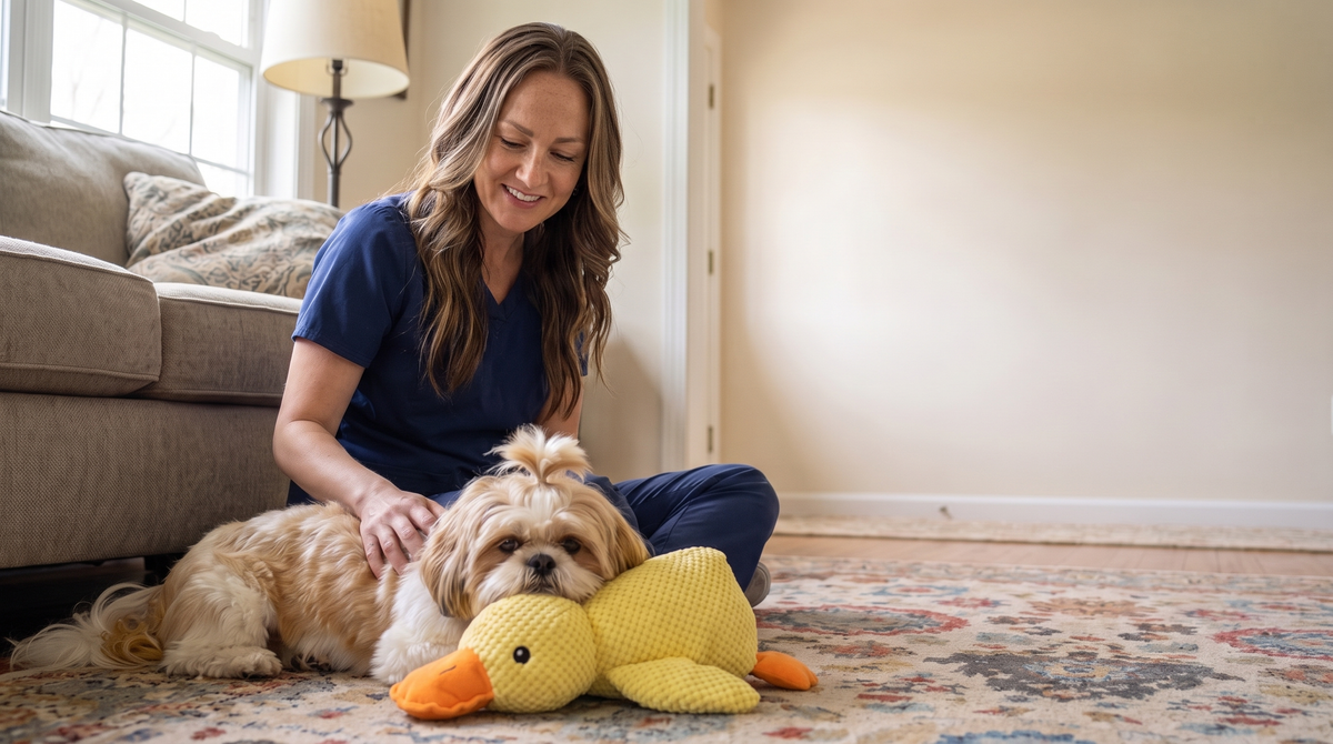 Pet Department team member relaxing on the living room rug with a Shih Tzu resting its chin on the yellow Anti-Stress Duck