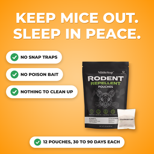 NibbleStop™ mouse repellent pouches: no snap traps, no poison bait, nothing to clean up