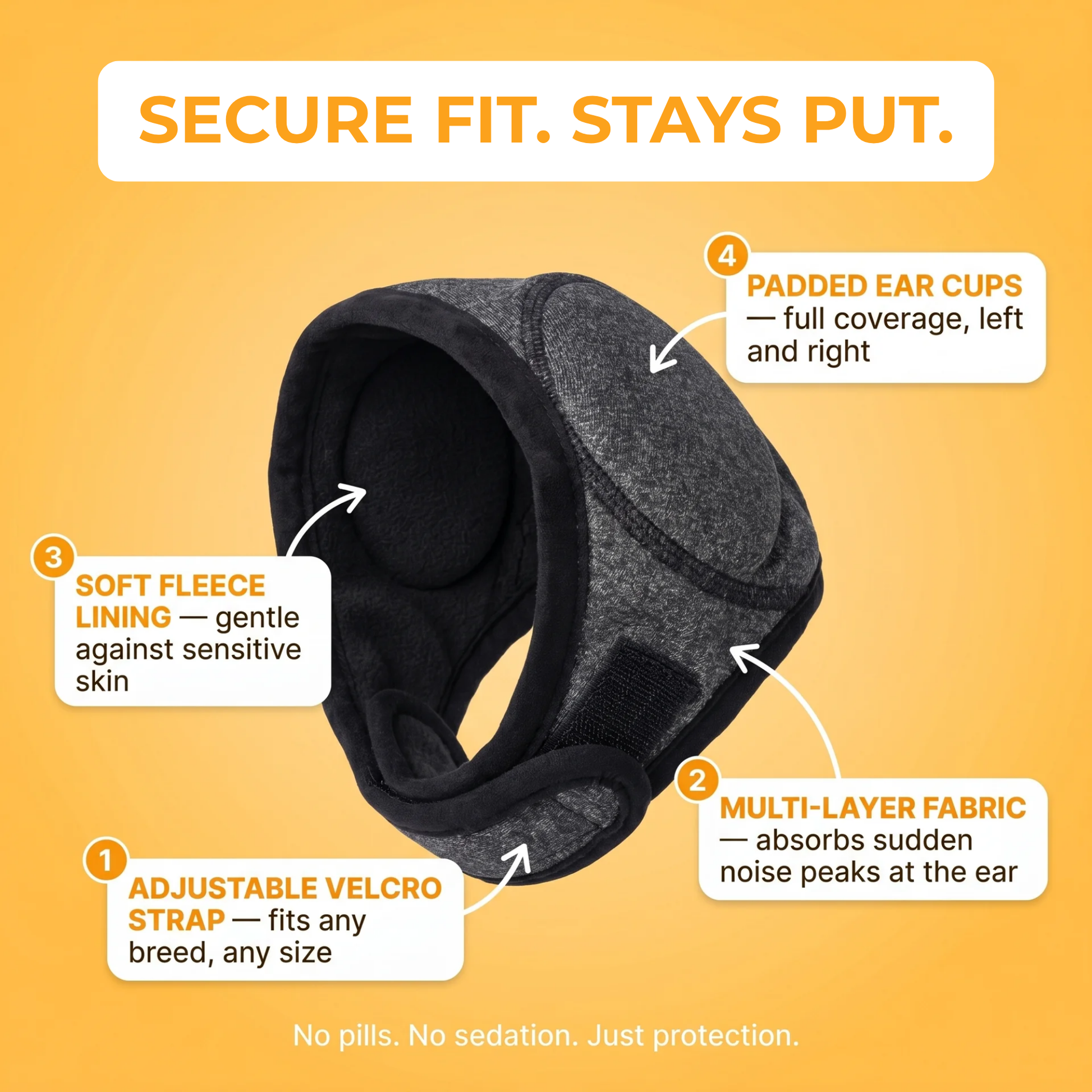 SilentWuff features: adjustable velcro strap, multi-layer fabric, soft fleece lining, padded ear cups. Secure fit, stays put.