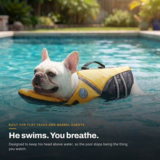 French Bulldog floating calmly in a pool wearing the yellow AquaPaw dog life jacket, headline He swims. You breathe.